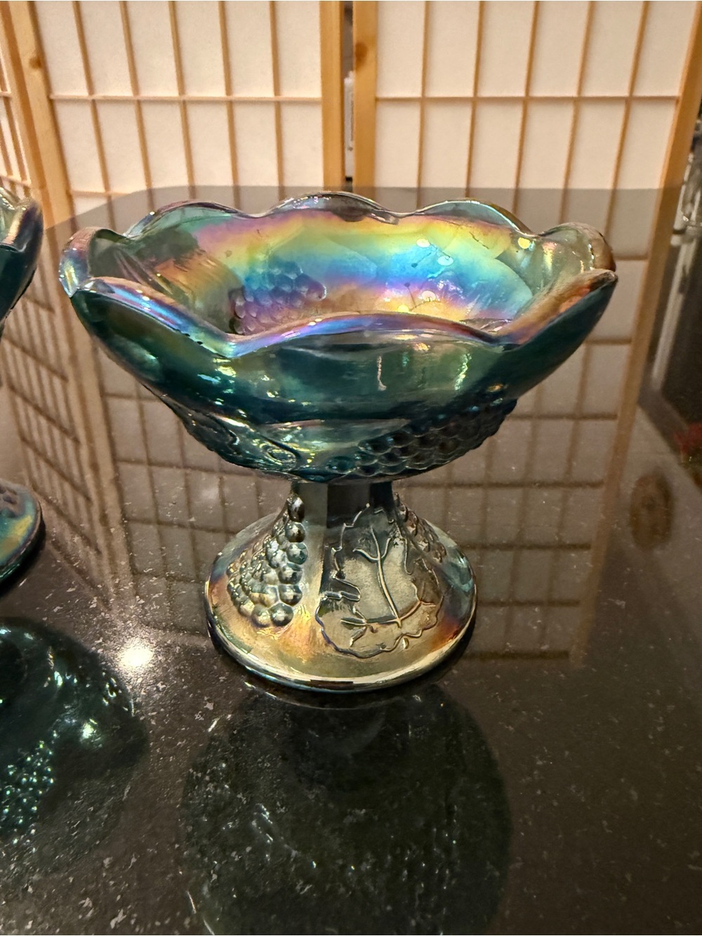 Indiana Glass Iridescent Blue Carnival Glass Compote Candle Holders set of 2